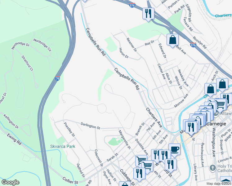 map of restaurants, bars, coffee shops, grocery stores, and more near 157 Mountain Drive in Carnegie