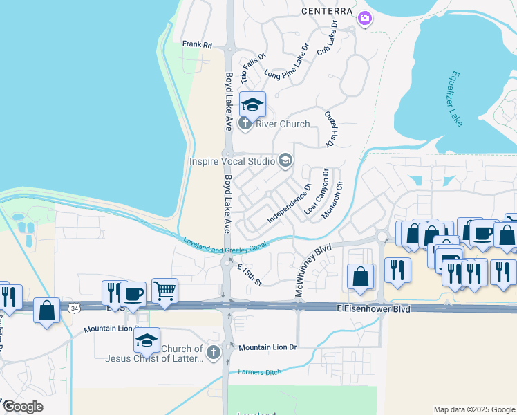 map of restaurants, bars, coffee shops, grocery stores, and more near 4040 Plum Creek Drive in Loveland