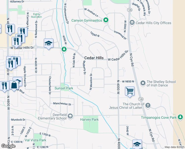 map of restaurants, bars, coffee shops, grocery stores, and more near 9900 North Meadow Drive in Cedar Hills