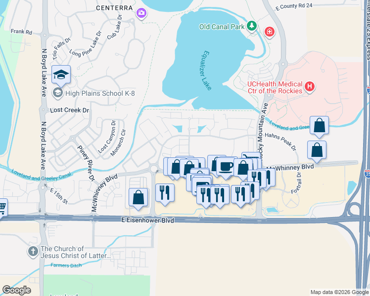 map of restaurants, bars, coffee shops, grocery stores, and more near 1875 Fall River Drive in Loveland