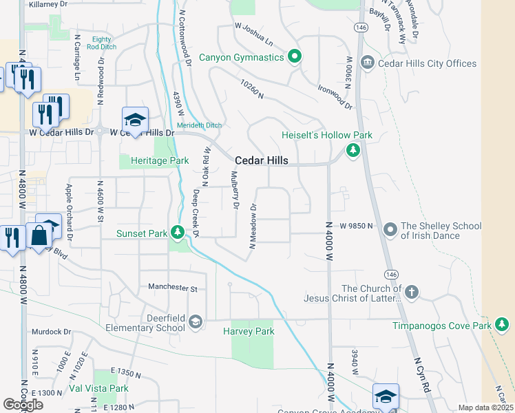 map of restaurants, bars, coffee shops, grocery stores, and more near 9900 North Meadow Drive in Cedar Hills