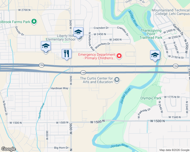 map of restaurants, bars, coffee shops, grocery stores, and more near West 2100 North in Lehi