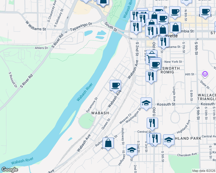 map of restaurants, bars, coffee shops, grocery stores, and more near 714 South 1st Street in Lafayette