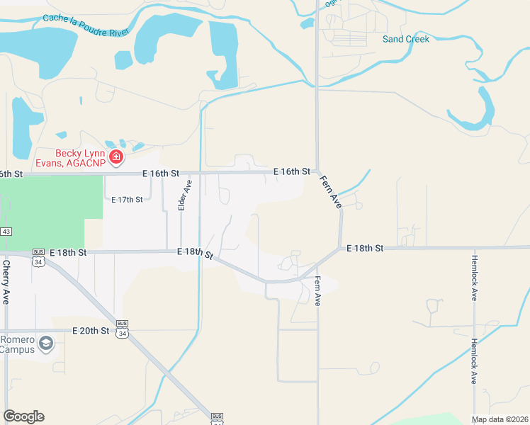 map of restaurants, bars, coffee shops, grocery stores, and more near 2400 E 16th St in Greeley