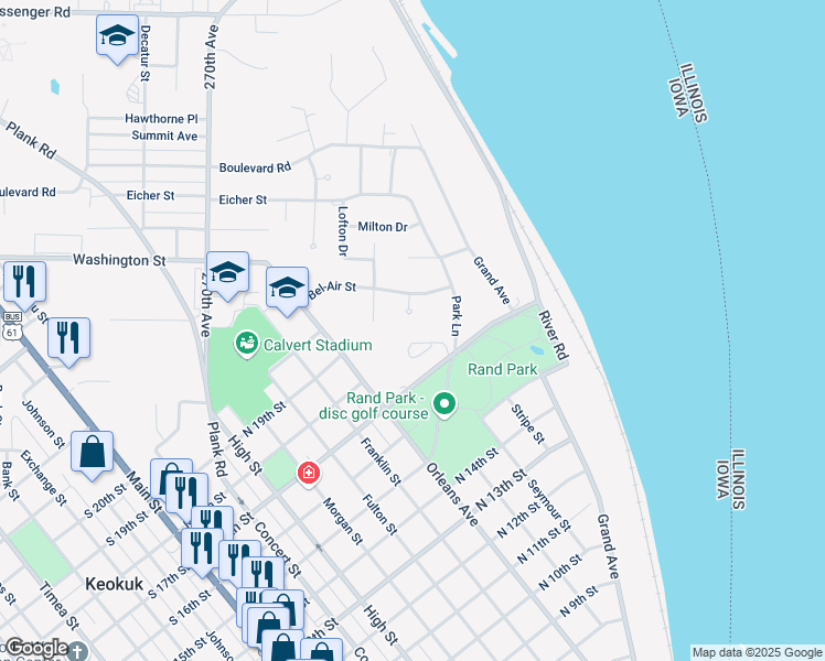 map of restaurants, bars, coffee shops, grocery stores, and more near Park View Street in Keokuk