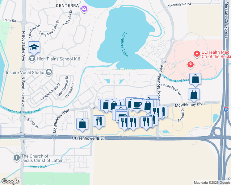 map of restaurants, bars, coffee shops, grocery stores, and more near 4850 Hahns Peak Drive in Loveland