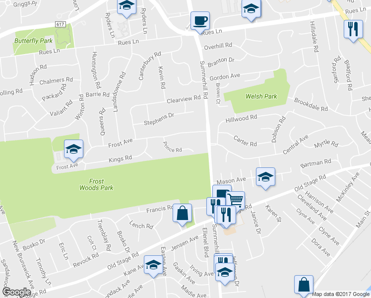 map of restaurants, bars, coffee shops, grocery stores, and more near 17 Prince Road in East Brunswick