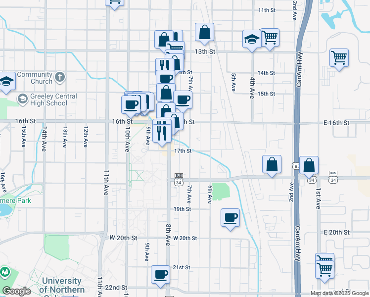 map of restaurants, bars, coffee shops, grocery stores, and more near 1705 7th Avenue in Greeley
