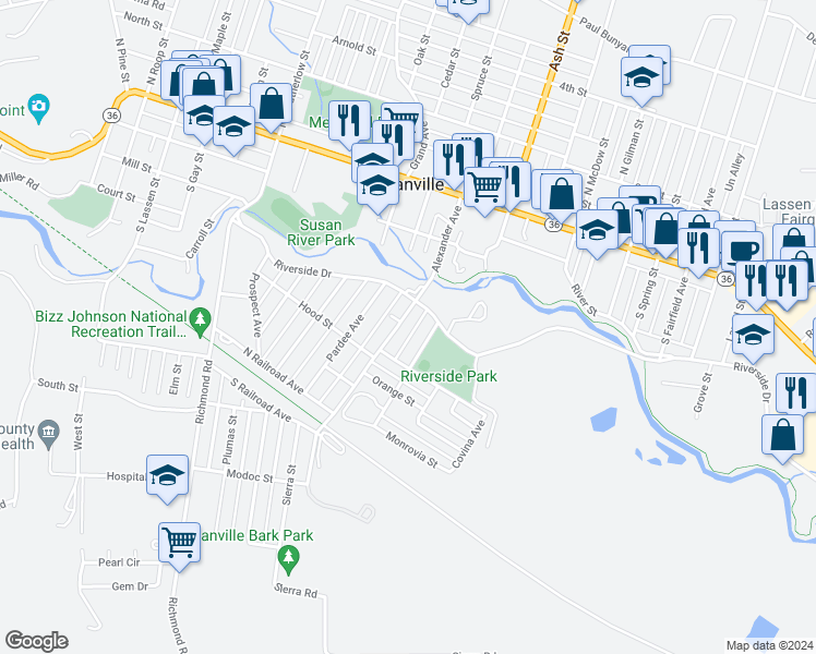 map of restaurants, bars, coffee shops, grocery stores, and more near 330 Limoneria Avenue in Susanville