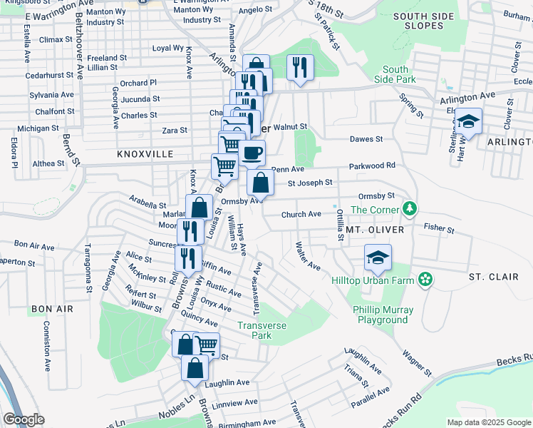 map of restaurants, bars, coffee shops, grocery stores, and more near 227 Anthony Street in Pittsburgh
