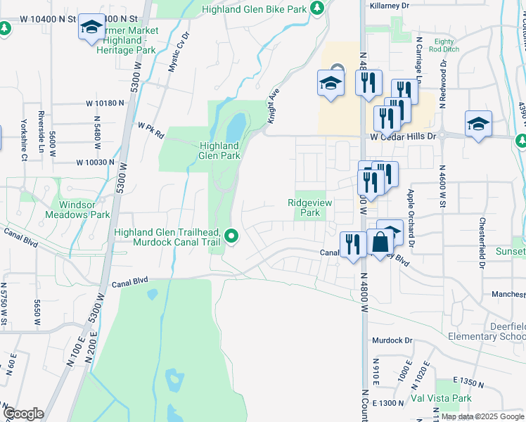 map of restaurants, bars, coffee shops, grocery stores, and more near 5069 Crimson Oak Lane in Highland