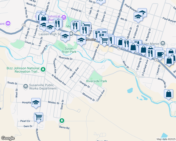 map of restaurants, bars, coffee shops, grocery stores, and more near 330 Limoneria Avenue in Susanville