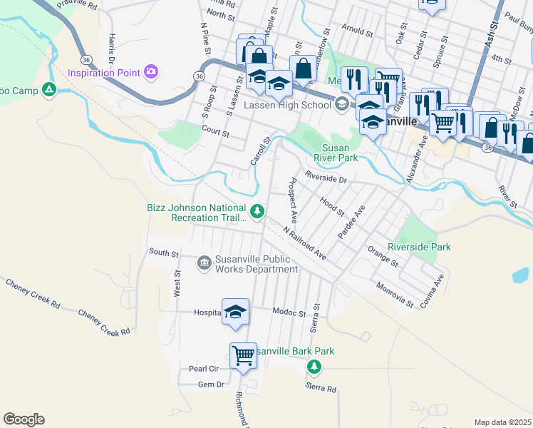 map of restaurants, bars, coffee shops, grocery stores, and more near 461 Richmond Road in Susanville