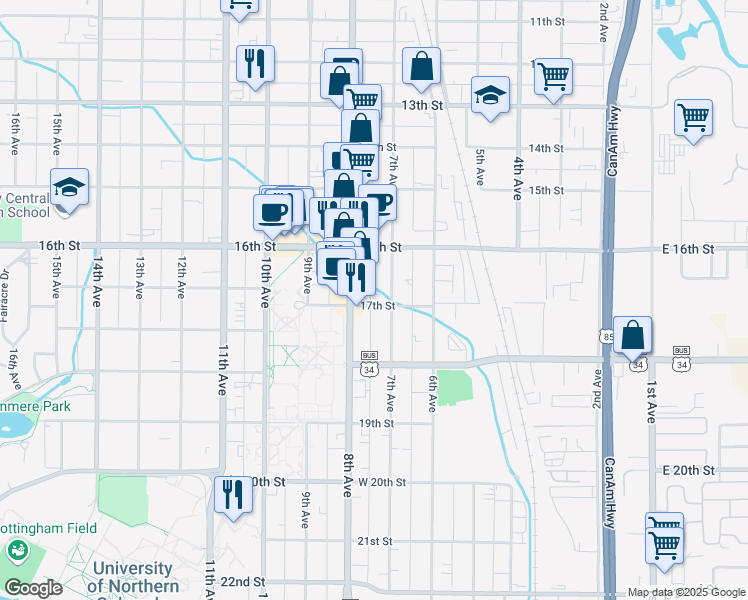 map of restaurants, bars, coffee shops, grocery stores, and more near 715 17th Street in Greeley