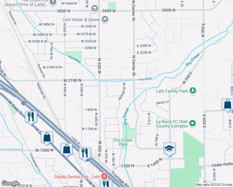 map of restaurants, bars, coffee shops, grocery stores, and more near 164 North Hidden Creek Drive in Lehi