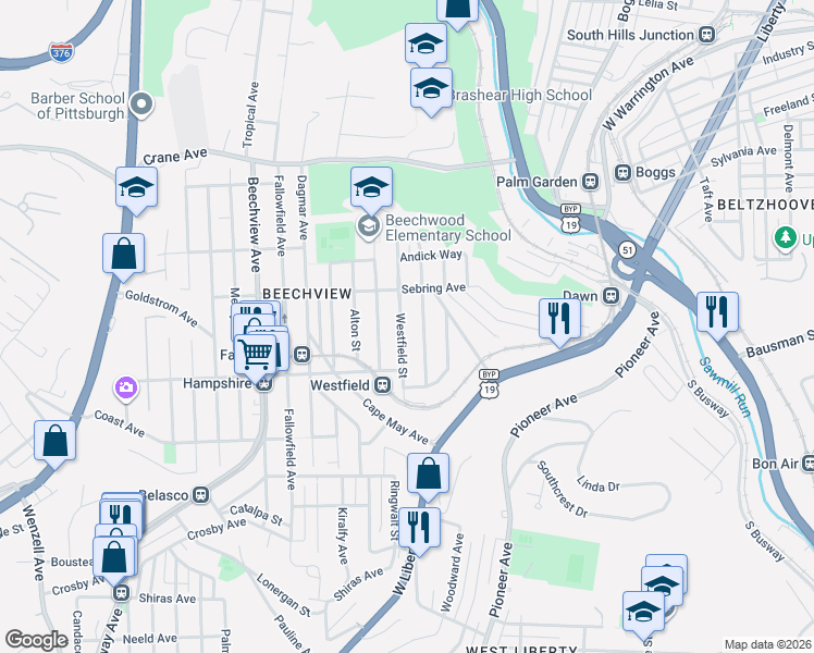 map of restaurants, bars, coffee shops, grocery stores, and more near 1519 Westfield Street in Pittsburgh