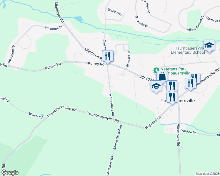 map of restaurants, bars, coffee shops, grocery stores, and more near 34 West Creamery Road in Quakertown