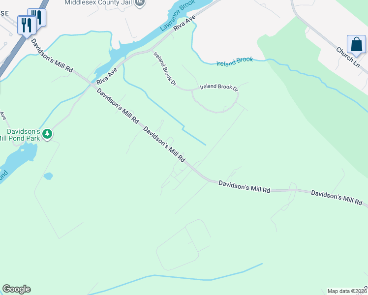 map of restaurants, bars, coffee shops, grocery stores, and more near 91 Davidson's Mill Road in North Brunswick Township