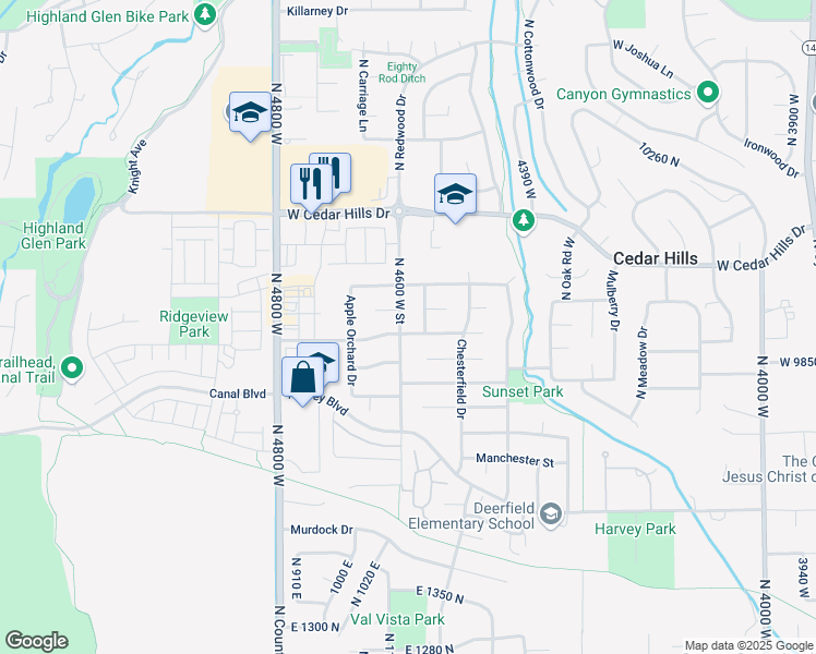 map of restaurants, bars, coffee shops, grocery stores, and more near 9910 North 4600 West Street in Cedar Hills