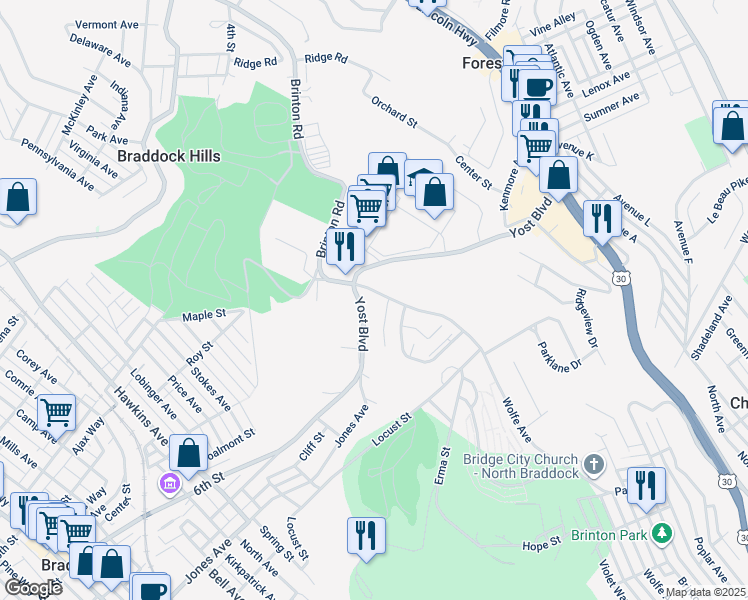map of restaurants, bars, coffee shops, grocery stores, and more near 1700 Brinton Manor Drive in Pittsburgh