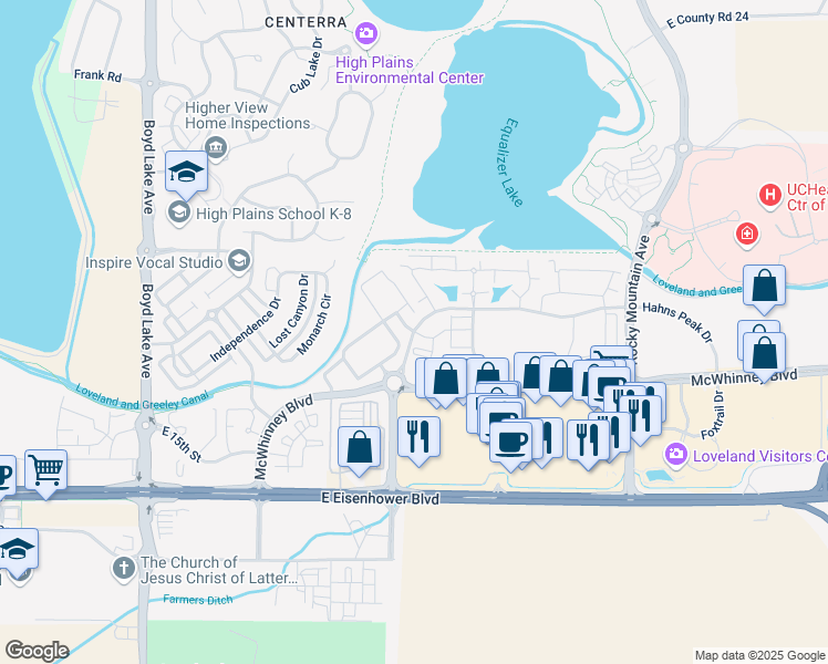map of restaurants, bars, coffee shops, grocery stores, and more near 10274 Hahns Peak Drive in Loveland