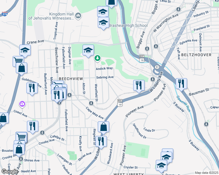 map of restaurants, bars, coffee shops, grocery stores, and more near 1501 Princess Avenue in Pittsburgh