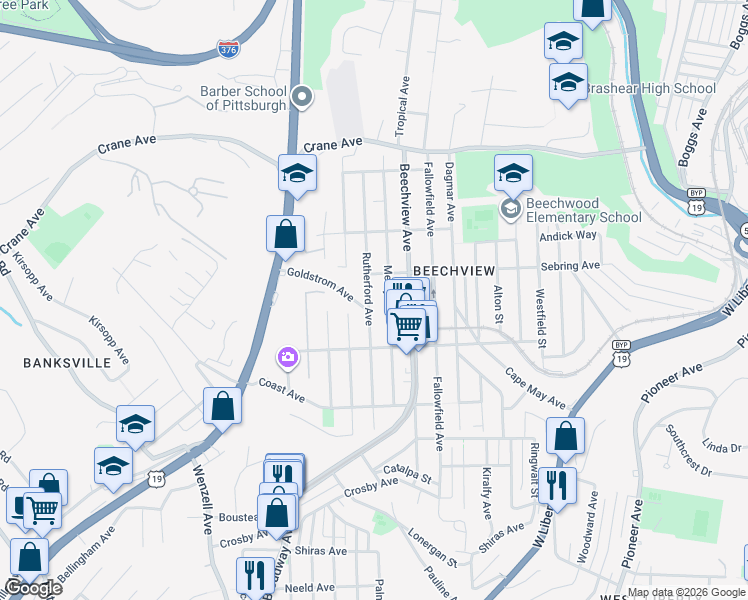map of restaurants, bars, coffee shops, grocery stores, and more near 1533 Rutherford Avenue in Pittsburgh