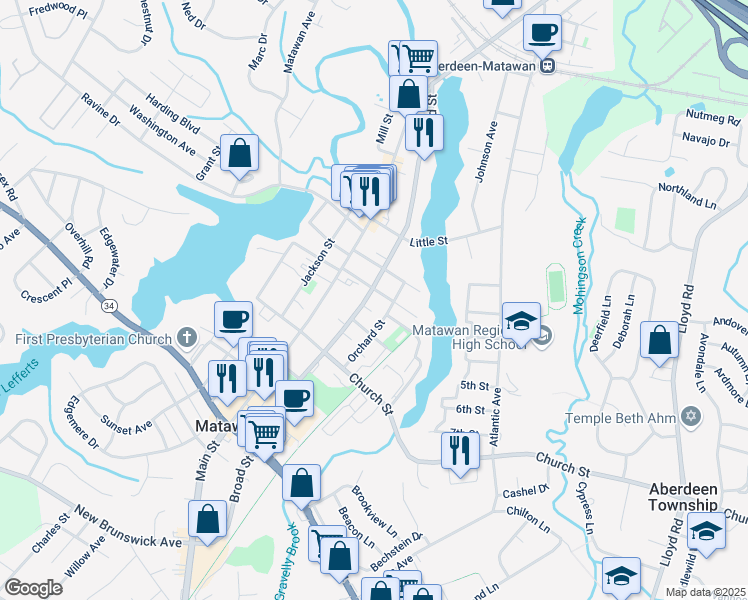 map of restaurants, bars, coffee shops, grocery stores, and more near 19 Orchard Street in Matawan