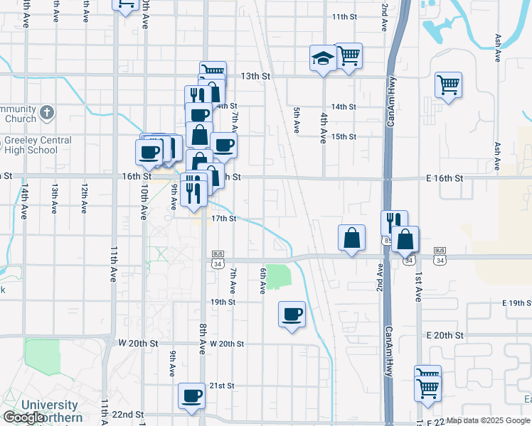 map of restaurants, bars, coffee shops, grocery stores, and more near 516 17th Street in Greeley