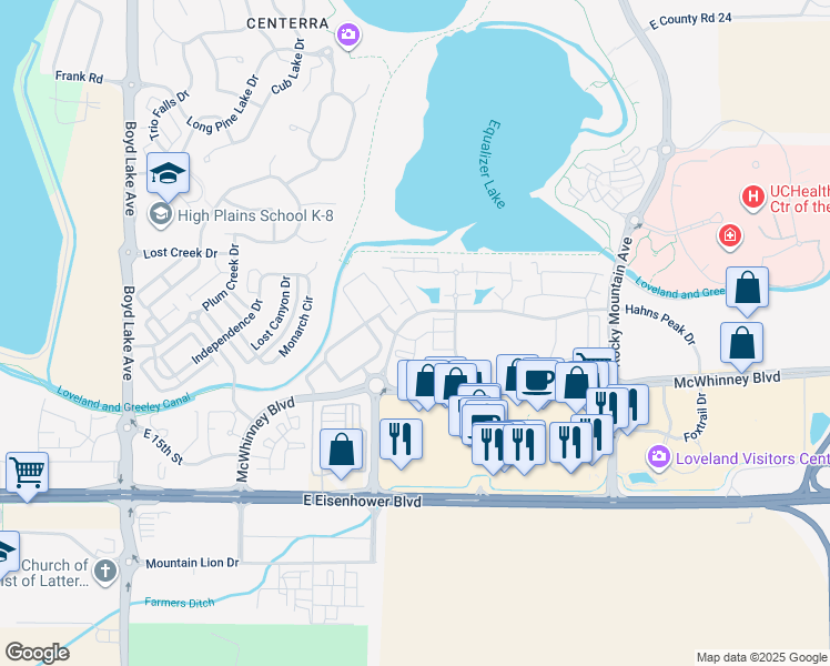 map of restaurants, bars, coffee shops, grocery stores, and more near 4612 Hahns Peak Drive in Loveland