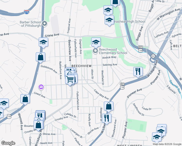 map of restaurants, bars, coffee shops, grocery stores, and more near 1516 Kenberma Avenue in Pittsburgh