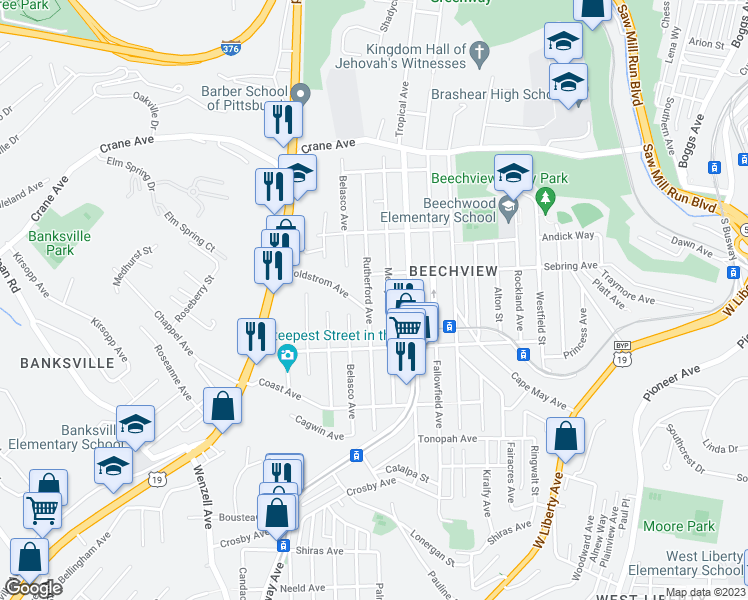 map of restaurants, bars, coffee shops, grocery stores, and more near 1533 Rutherford Avenue in Pittsburgh