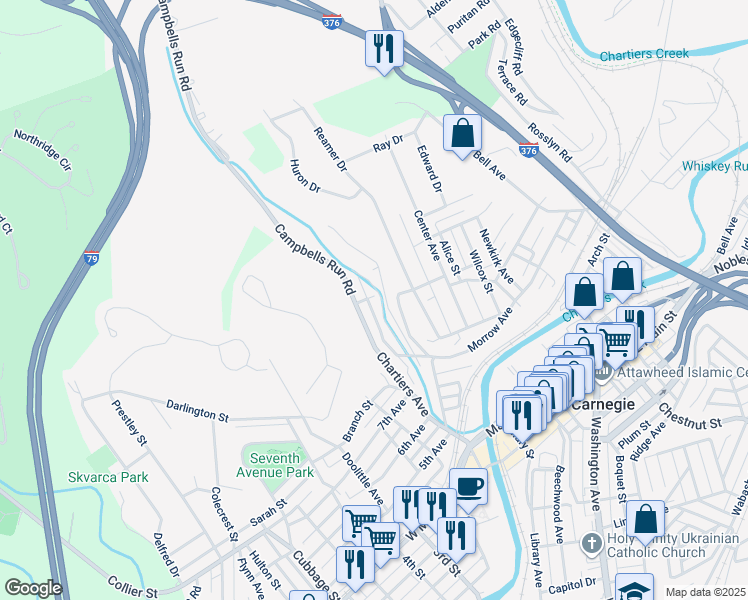 map of restaurants, bars, coffee shops, grocery stores, and more near 49 Wagner Street in Carnegie