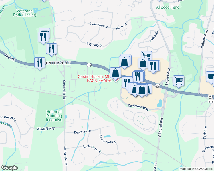map of restaurants, bars, coffee shops, grocery stores, and more near 200 Commons Way in Holmdel