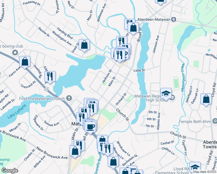 map of restaurants, bars, coffee shops, grocery stores, and more near Main Street in Matawan