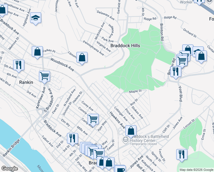 map of restaurants, bars, coffee shops, grocery stores, and more near 247 Lobinger Avenue in Braddock