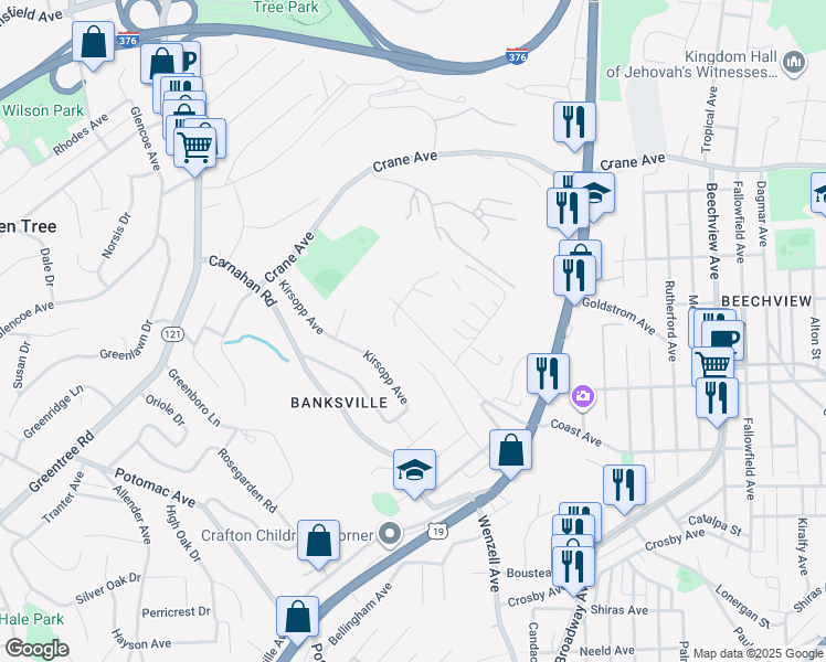 map of restaurants, bars, coffee shops, grocery stores, and more near 1168 Kirsopp Avenue in Pittsburgh