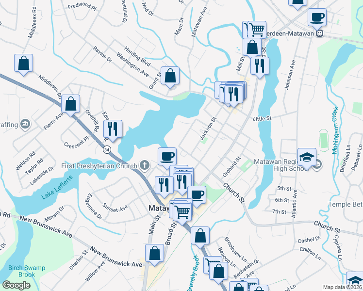 map of restaurants, bars, coffee shops, grocery stores, and more near 16 Church Street in Matawan