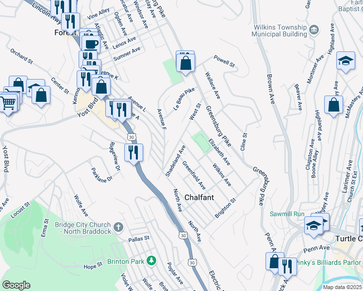 map of restaurants, bars, coffee shops, grocery stores, and more near 301 Shadeland Avenue in East Pittsburgh