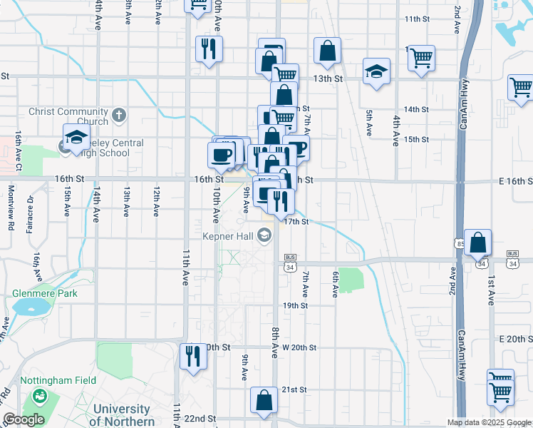 map of restaurants, bars, coffee shops, grocery stores, and more near 1702 U.S. 85 Business in Greeley
