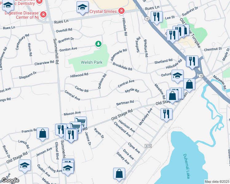 map of restaurants, bars, coffee shops, grocery stores, and more near 54 Central Avenue in East Brunswick