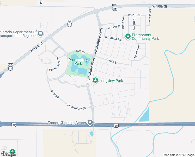 map of restaurants, bars, coffee shops, grocery stores, and more near Promontory Parkway in Greeley