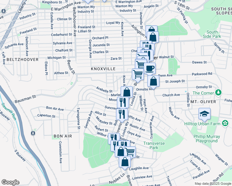 map of restaurants, bars, coffee shops, grocery stores, and more near 225 Moore Avenue in Pittsburgh