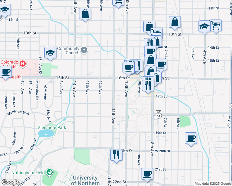 map of restaurants, bars, coffee shops, grocery stores, and more near 1017 18th Street in Greeley
