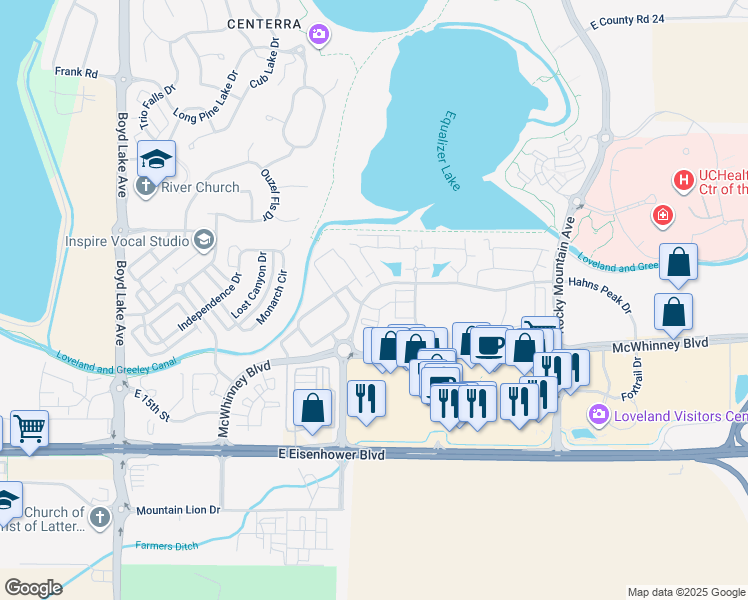map of restaurants, bars, coffee shops, grocery stores, and more near 4612 Hahns Peak Drive in Loveland