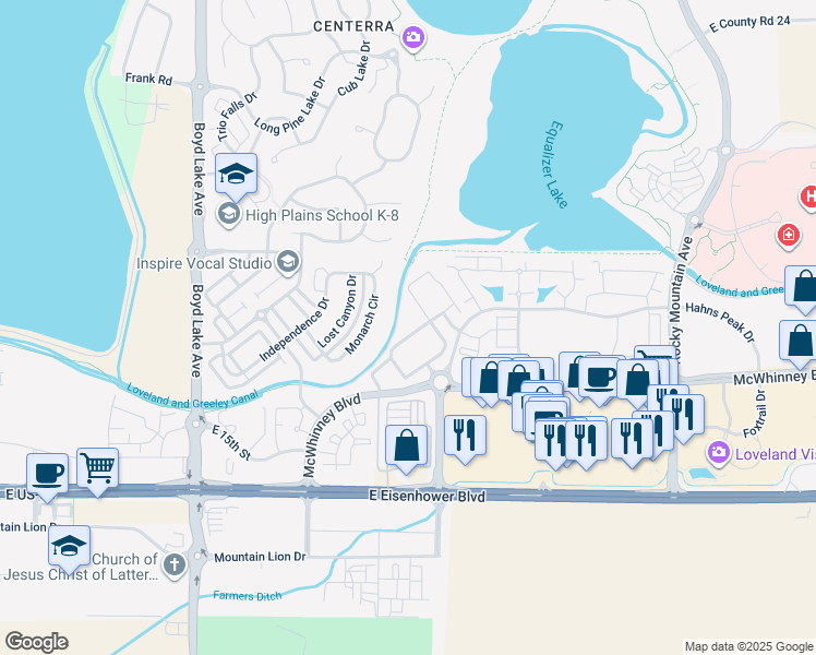 map of restaurants, bars, coffee shops, grocery stores, and more near 1963 Grays Peak Drive in Loveland