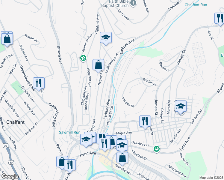 map of restaurants, bars, coffee shops, grocery stores, and more near 534 Larimer Avenue in Turtle Creek