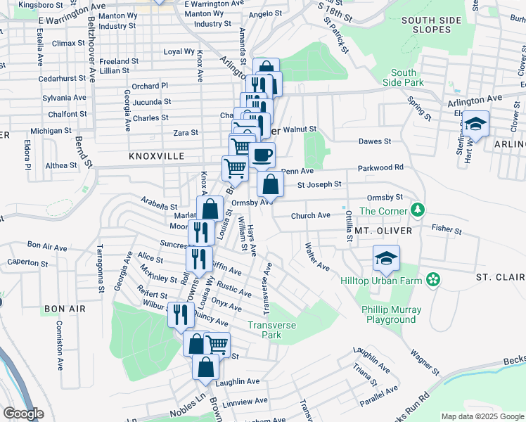 map of restaurants, bars, coffee shops, grocery stores, and more near 430 Hays Avenue in Pittsburgh