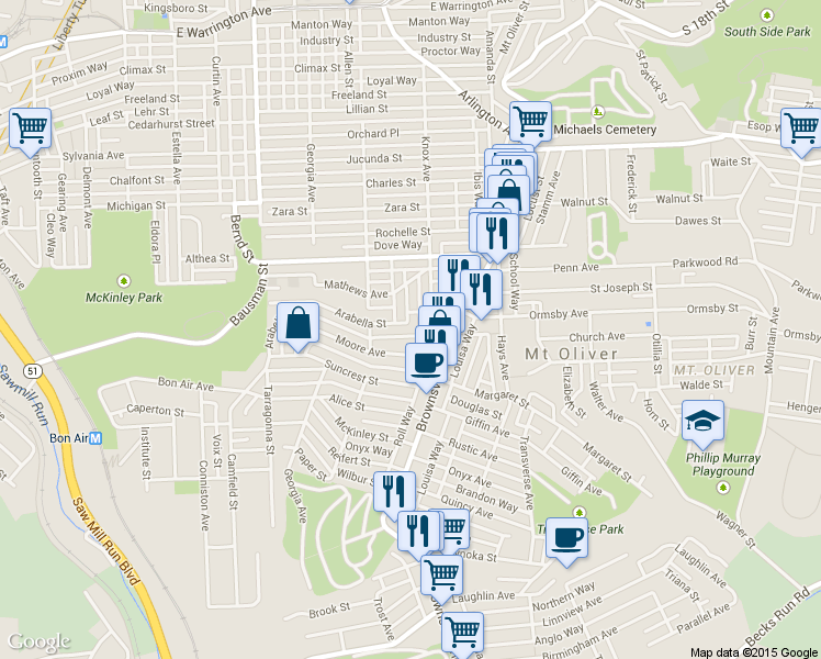 map of restaurants, bars, coffee shops, grocery stores, and more near 225 Moore Avenue in Pittsburgh