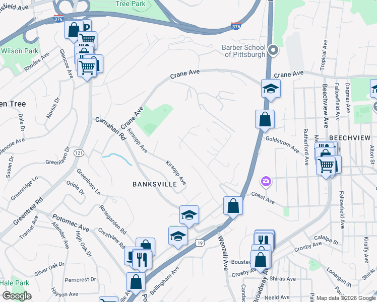 map of restaurants, bars, coffee shops, grocery stores, and more near 1168 Kirsopp Avenue in Pittsburgh